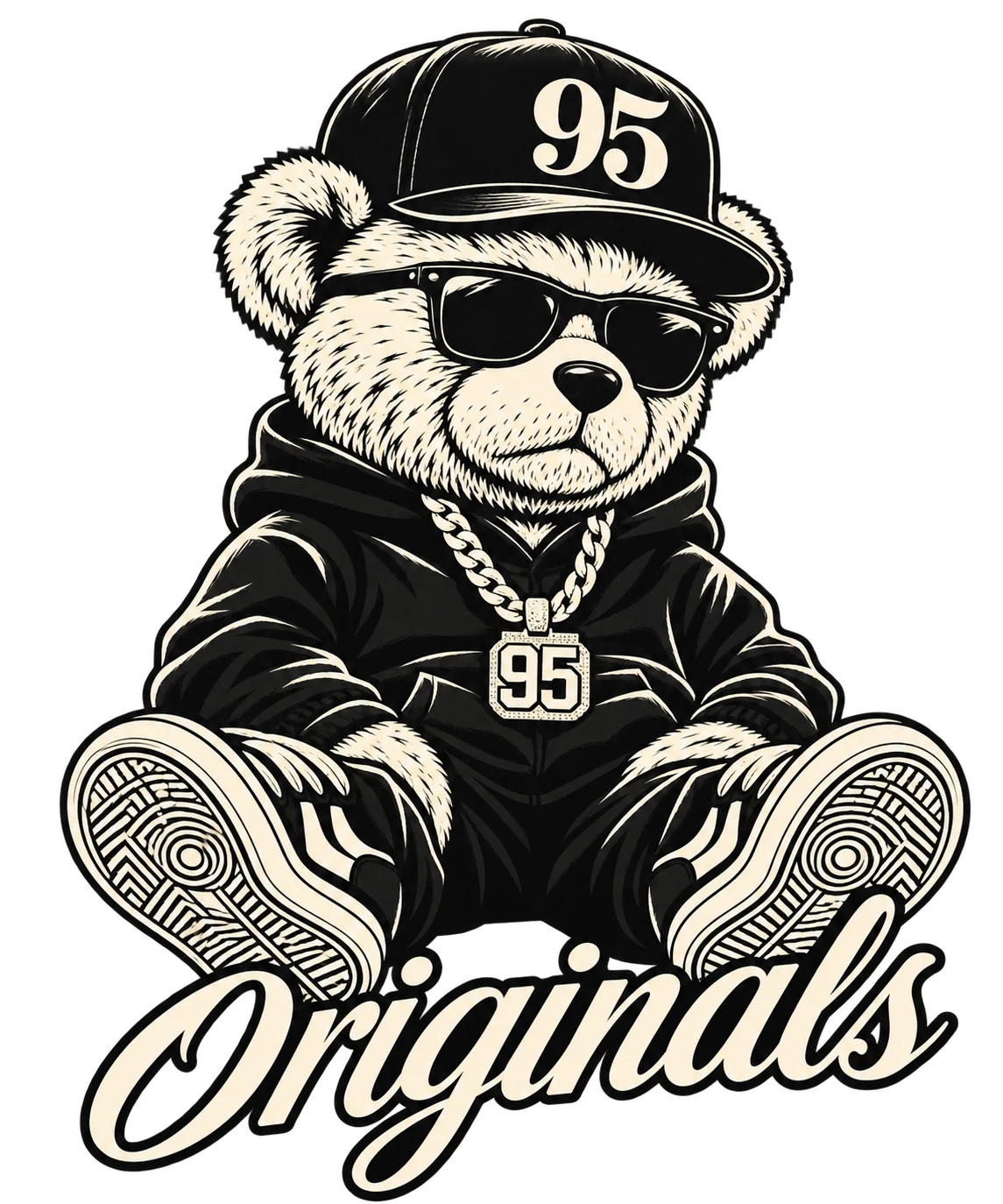 95 Originals illustrated bear wearing a 95 cap, sunglasses and chain